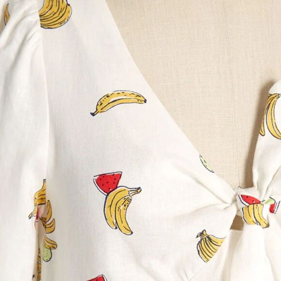 ModCloth M Ivory Red Yellow Pack a Picnic Fruit Print Short Sleeve Tie Front Top - Picture 6 of 10